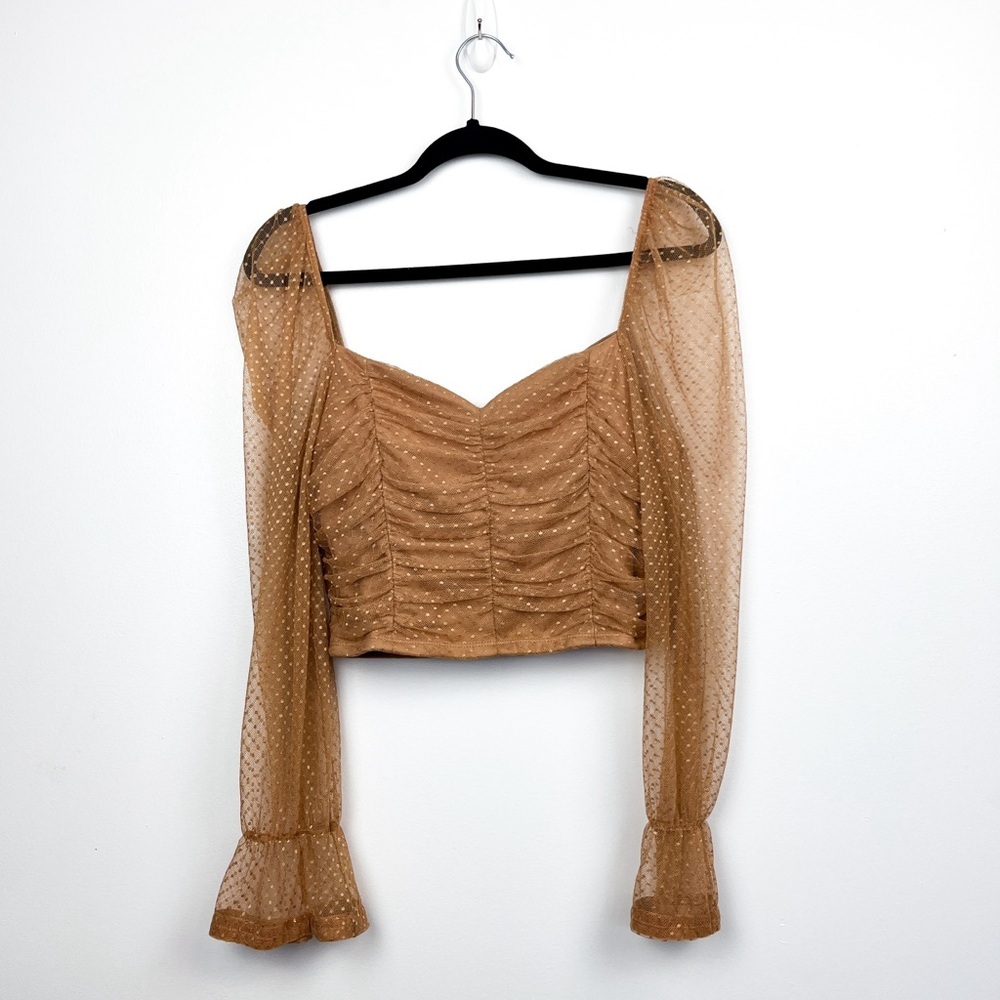 Chocolate Long Sleeve Cropped Light Brown Top with Polka Dots